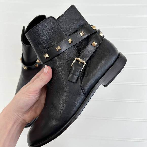 Valentino Rockstud Ankle Bootie Studded Strap Leather Chelsea Flat Boots - Picture 2 of 13
